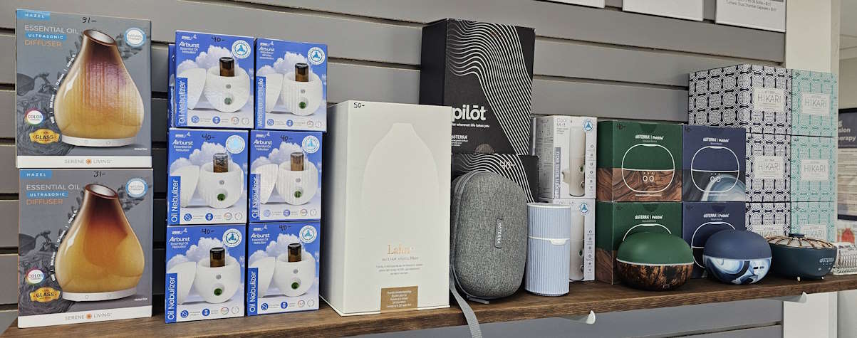 Aromatherapy diffusers on display at Hanson Chiropractic Center in Edmond.