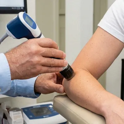 Shockwave therapy for elbow tendon pain at Hanson Chiropractic Center in Edmond, OK.